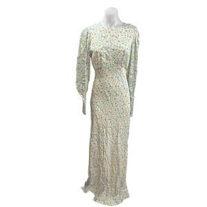 NEW Malina Alize Multicolor Satin Floral Long Puff Sleeve Maxi A-line Dress XS
